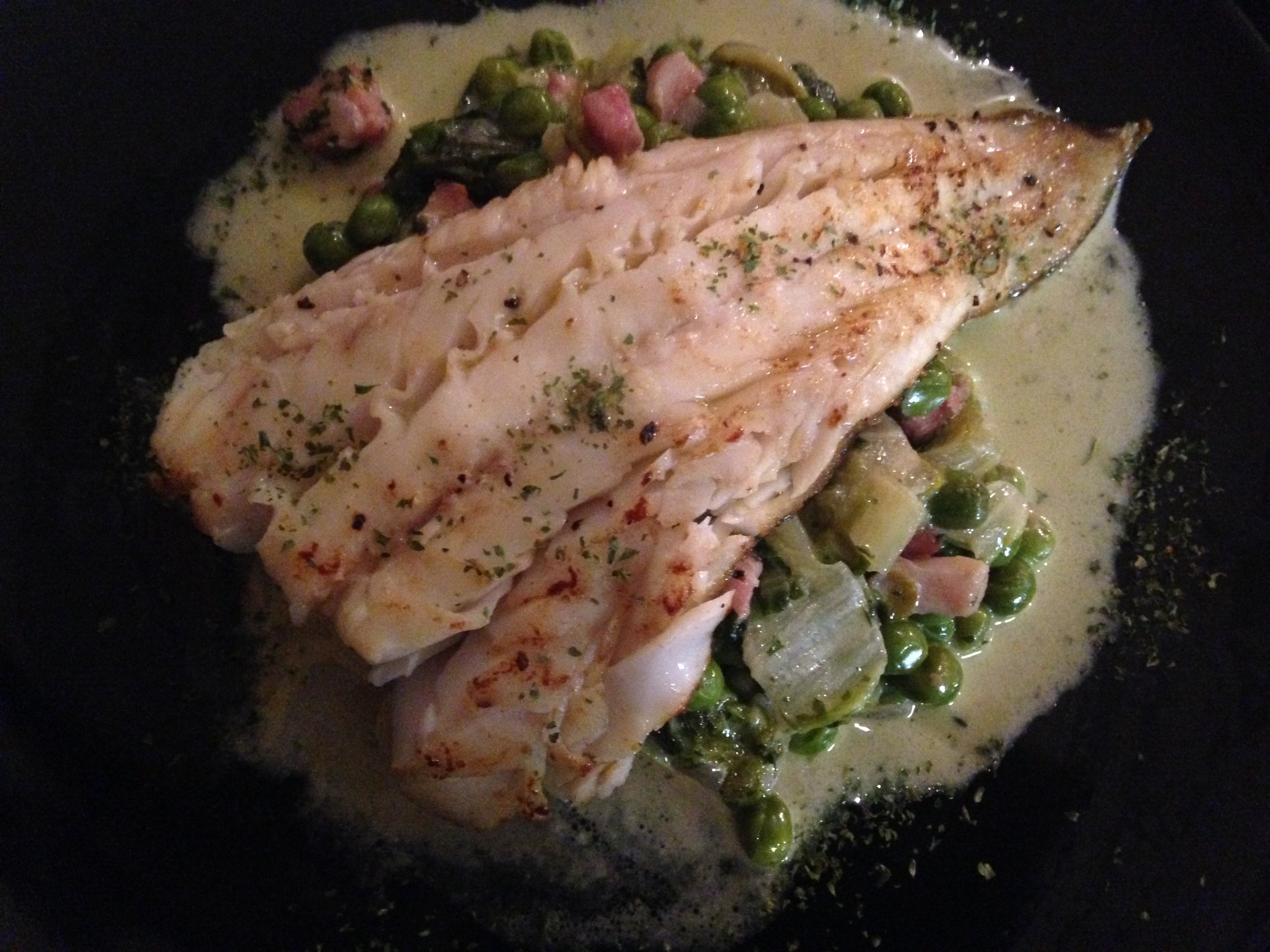 Cod  with peas and bacon sauce